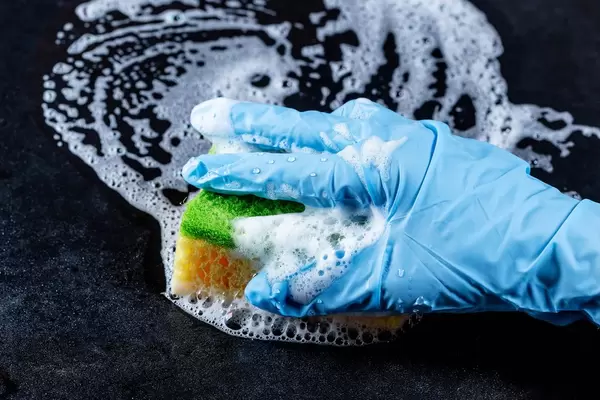 Hand in latex glove with sponge and detergent