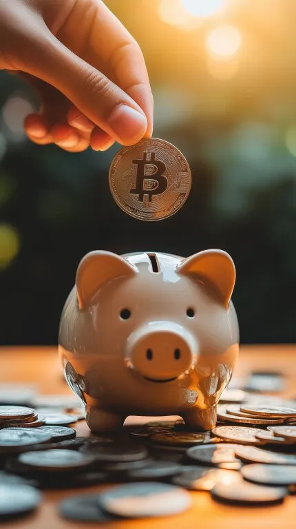 Hand legt Bitcoinmünze in Sparschwein