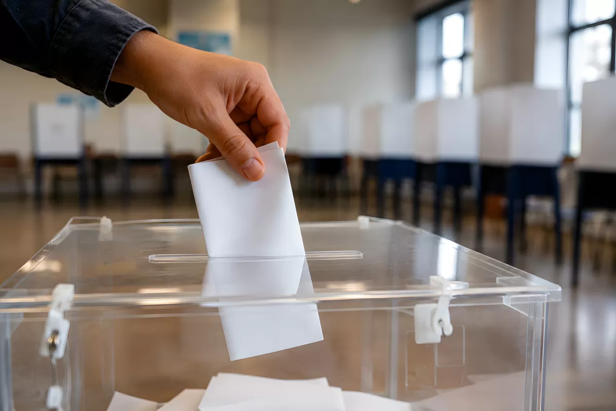 Hand legt Stimmzettel in durchsichtige Wahlurne