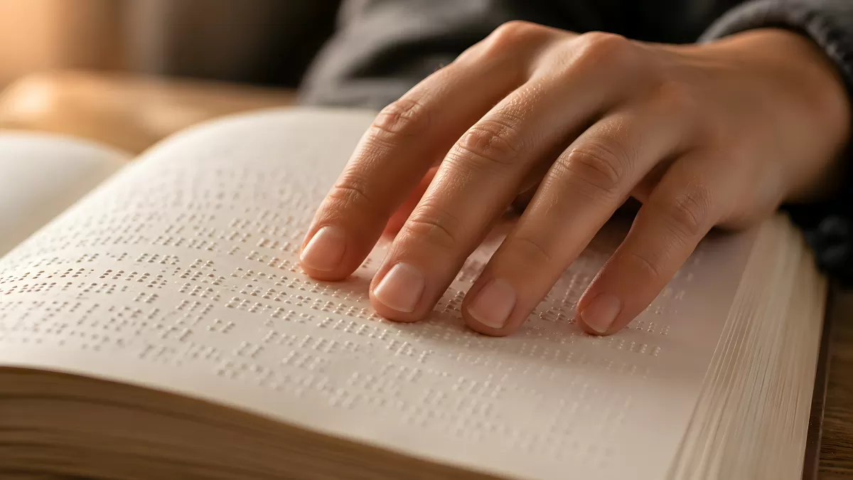 Hand liest Brailleschrift in aufgeschlagenem Buch