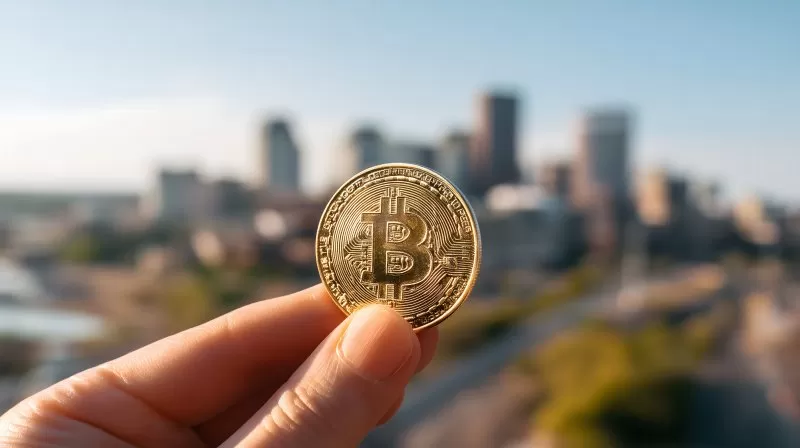 Hand mit Bitcoin Münze vor unscharfer Stadt im Hintergrund