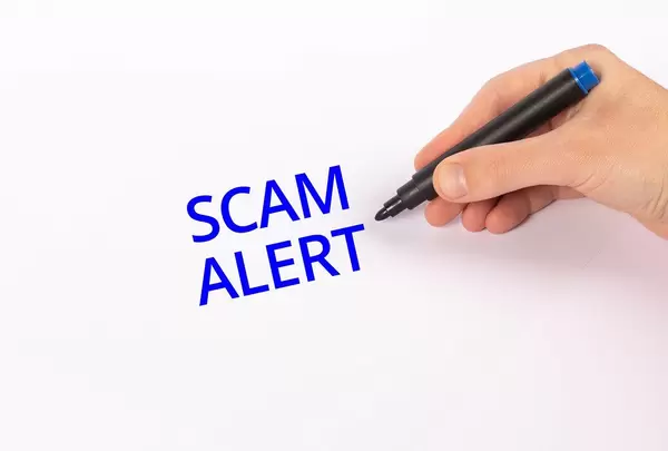 Hand mit blauem Edding-Marker schreibt "Scam Alert" - (Betrugs-Alarm)-Text