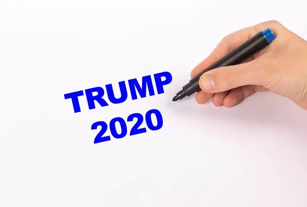 Hand mit blauem Edding-Marker schreibt "Trump 2020"- Text