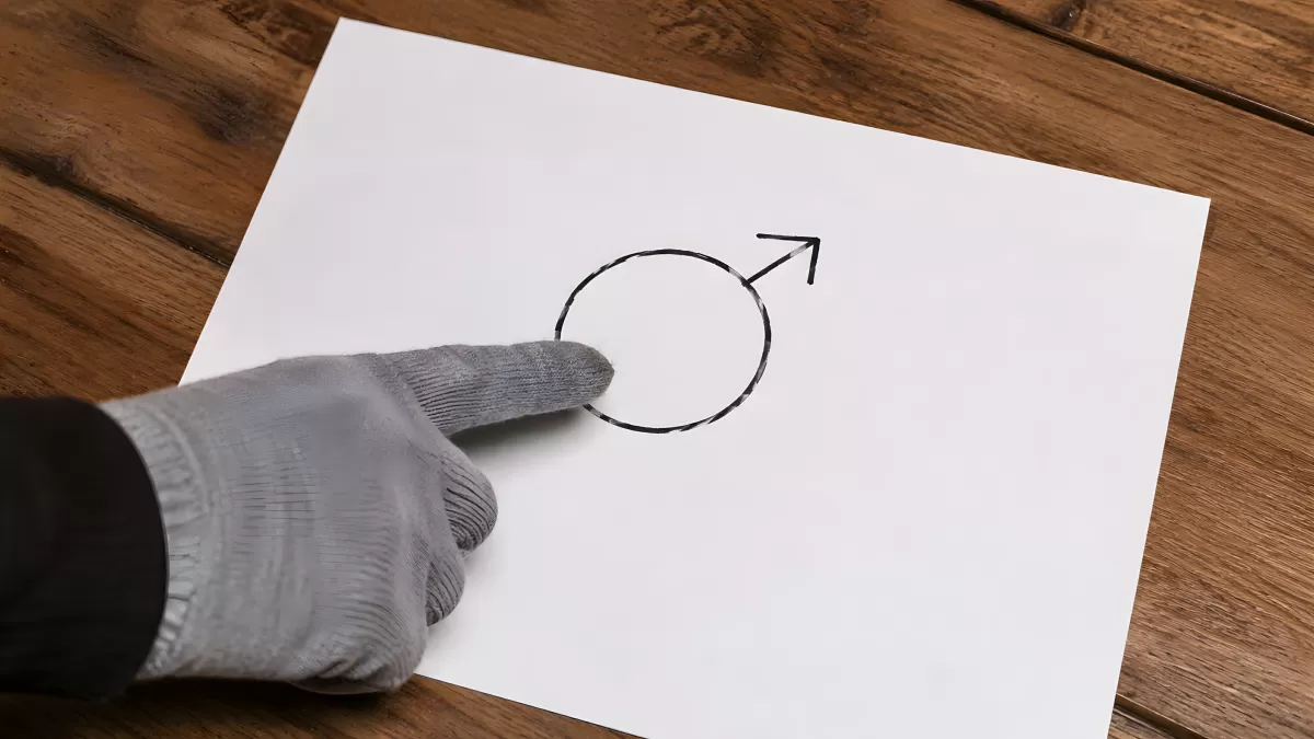 Hand mit Handschuh zeigt auf Männersymbol auf Papier