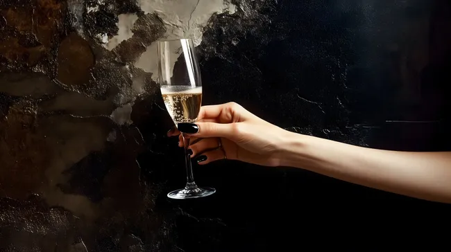 Hand mit Sektglas vor dunklem Steinmauer-Hintergrund
