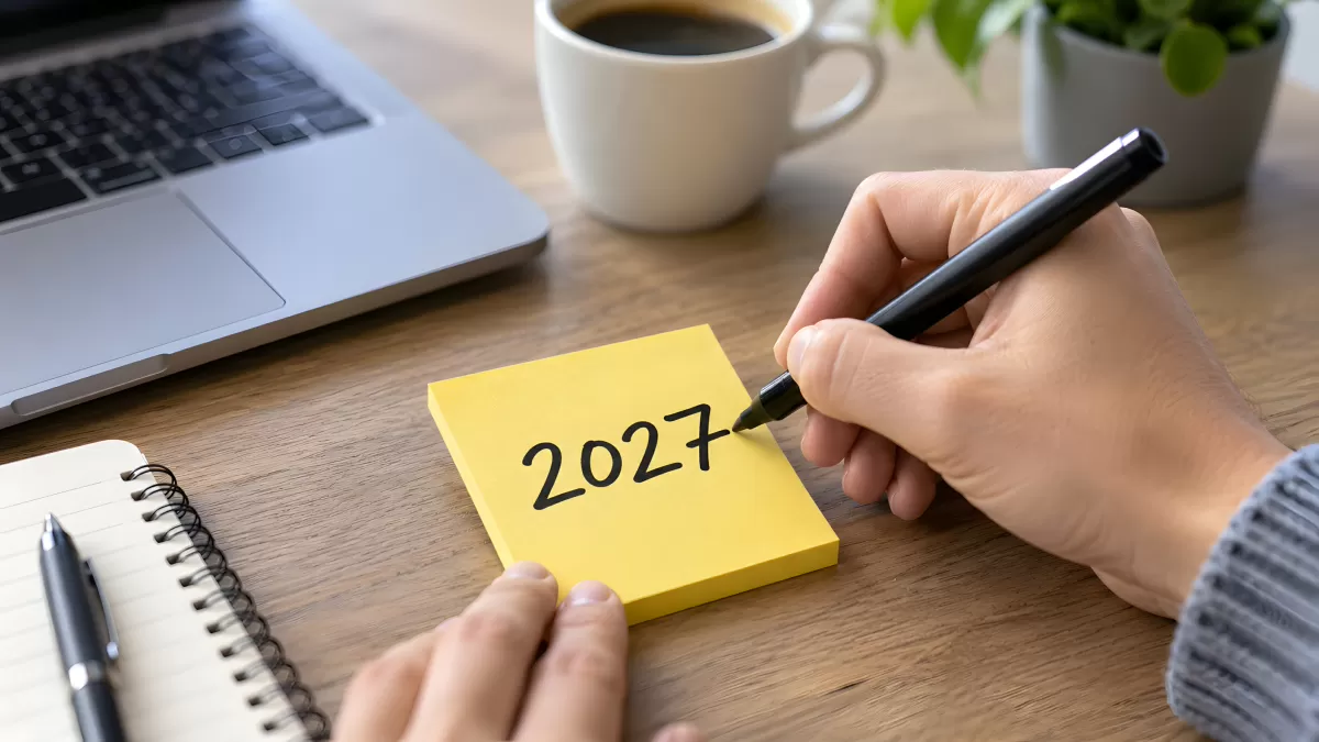 Hand notiert 2027 auf gelbem Zettel am Tisch