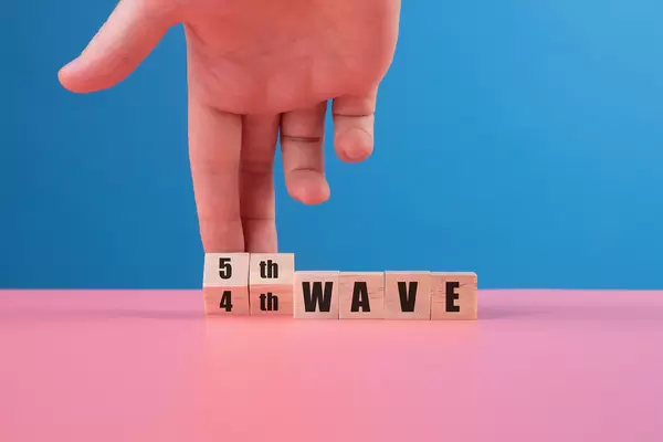 Hand of a man who turning a wooden blocks with text 4th Wave to 5th Wave