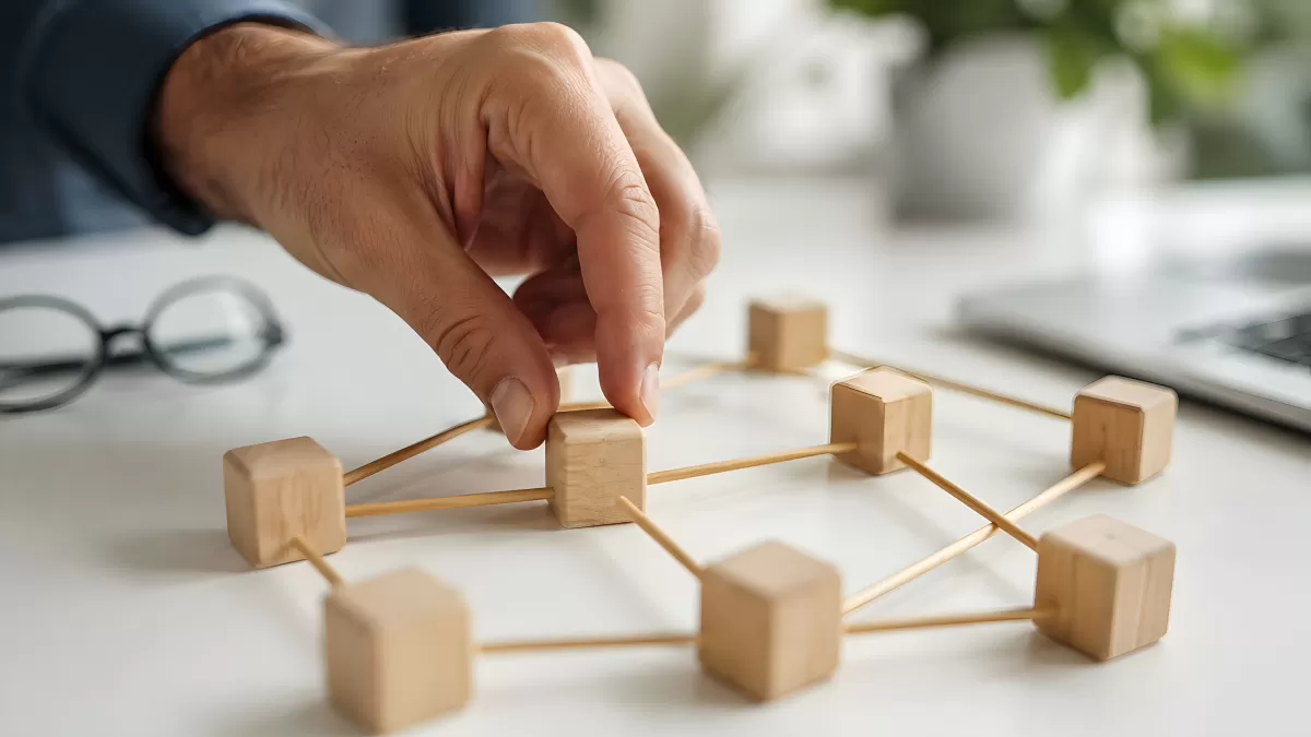 Hand ordnet Holzwürfel-Netzwerk auf weißem Tisch