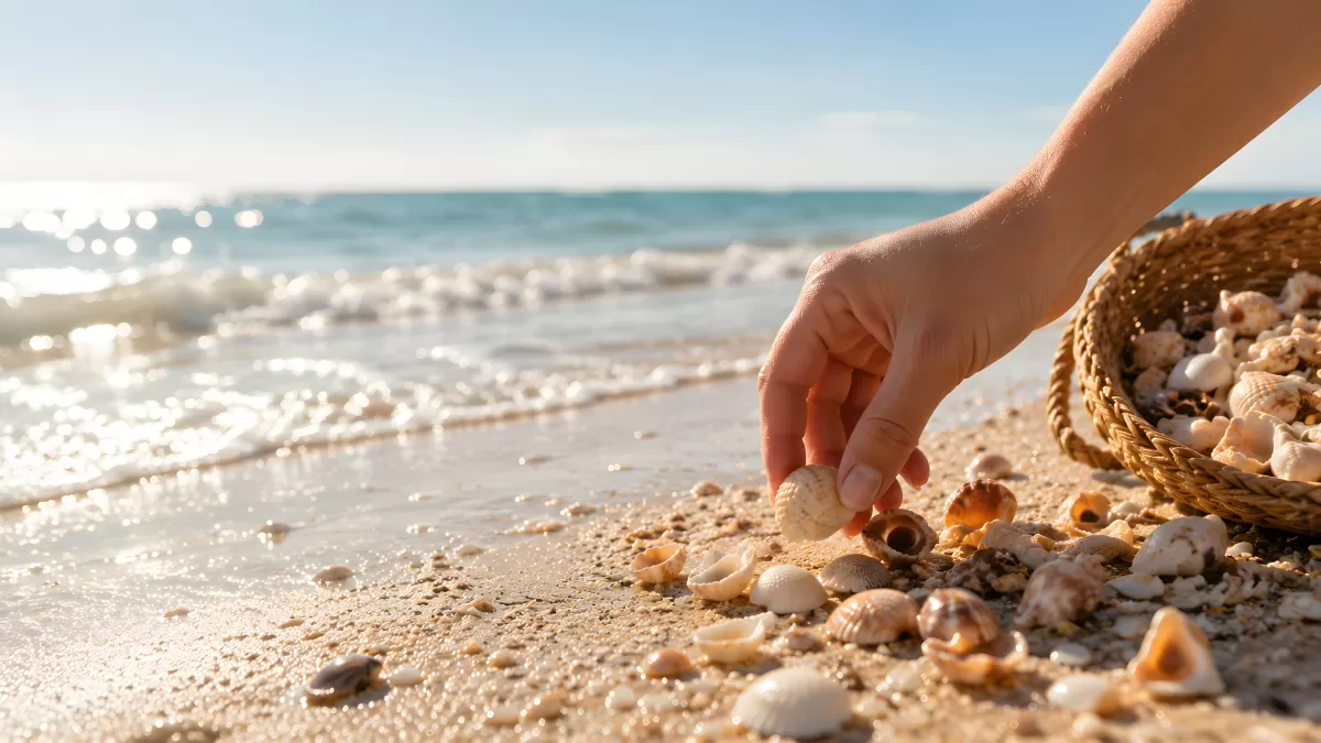 Hand sammelt Muscheln am Sandstrand bei Sonnenschein