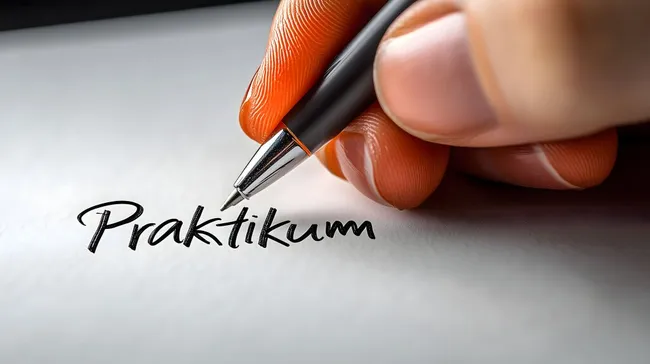 Hand schreibt das Wort 'Praktikum' mit Stift