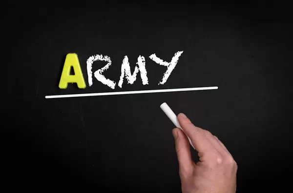 Hand schreibt das Wort "Army" mit Kreide auf eine schwarze Tafel