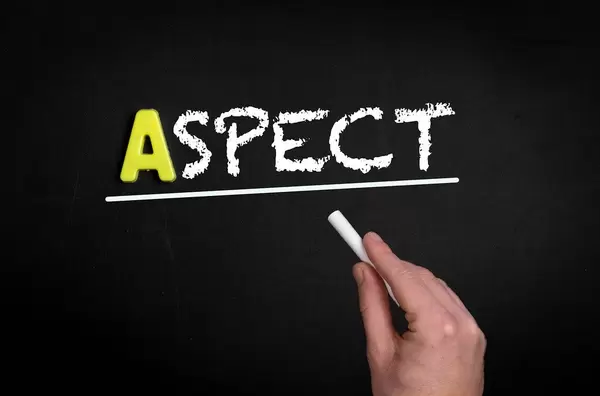 Hand schreibt das Wort "Aspekt" mit Kreide auf eine schwarze Tafel