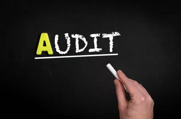 Hand schreibt das Wort "Audit" - Prüfung - mit Kreide auf eine schwarze Tafel