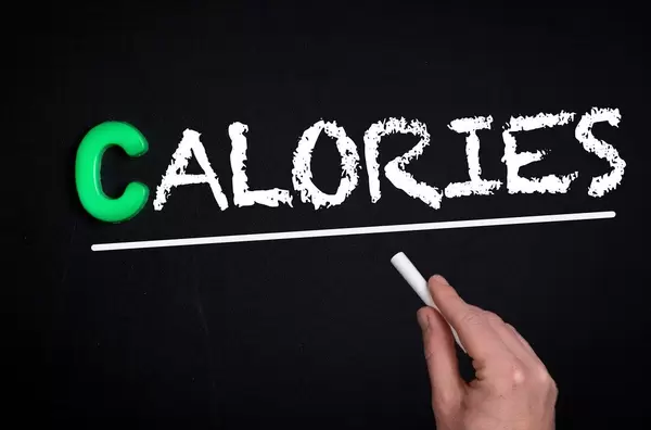 Hand schreibt das Wort "Calories" - Kalorien - mit Kreide auf eine schwarze Tafel