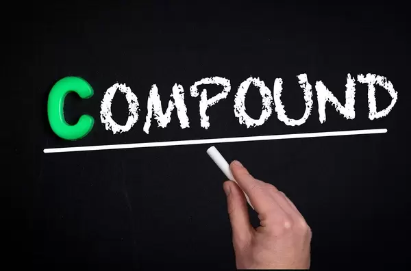 Hand schreibt das Wort "Compound" - Verbindung - mit Kreide auf eine schwarze Tafel