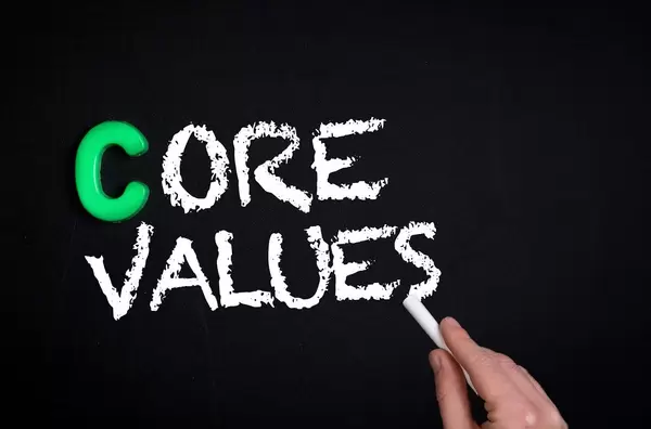 Hand schreibt das Wort "Core Values" - Grundwerte - mit Kreide auf eine schwarze Tafel