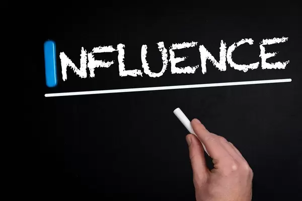 Hand schreibt das Wort "Influence" - beeinflussen - mit Kreide auf eine schwarze Tafel