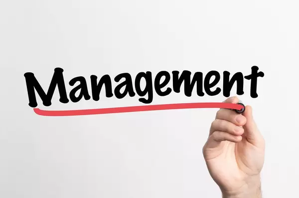 Hand schreibt das Wort "Management" auf ein Whiteboard