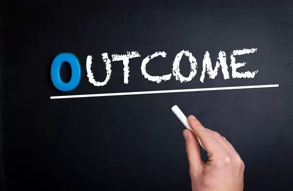 Hand schreibt das Wort "Outcome" - Ergebnis / Ausgang - mit Kreide auf eine schwarze Tafel