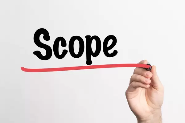 Hand schreibt das Wort "Umfang / Reichweite / Spielraum" auf ein Whiteboard
