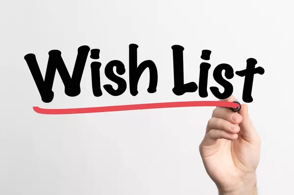 Hand schreibt das Wort "Wunschliste" auf ein Whiteboard