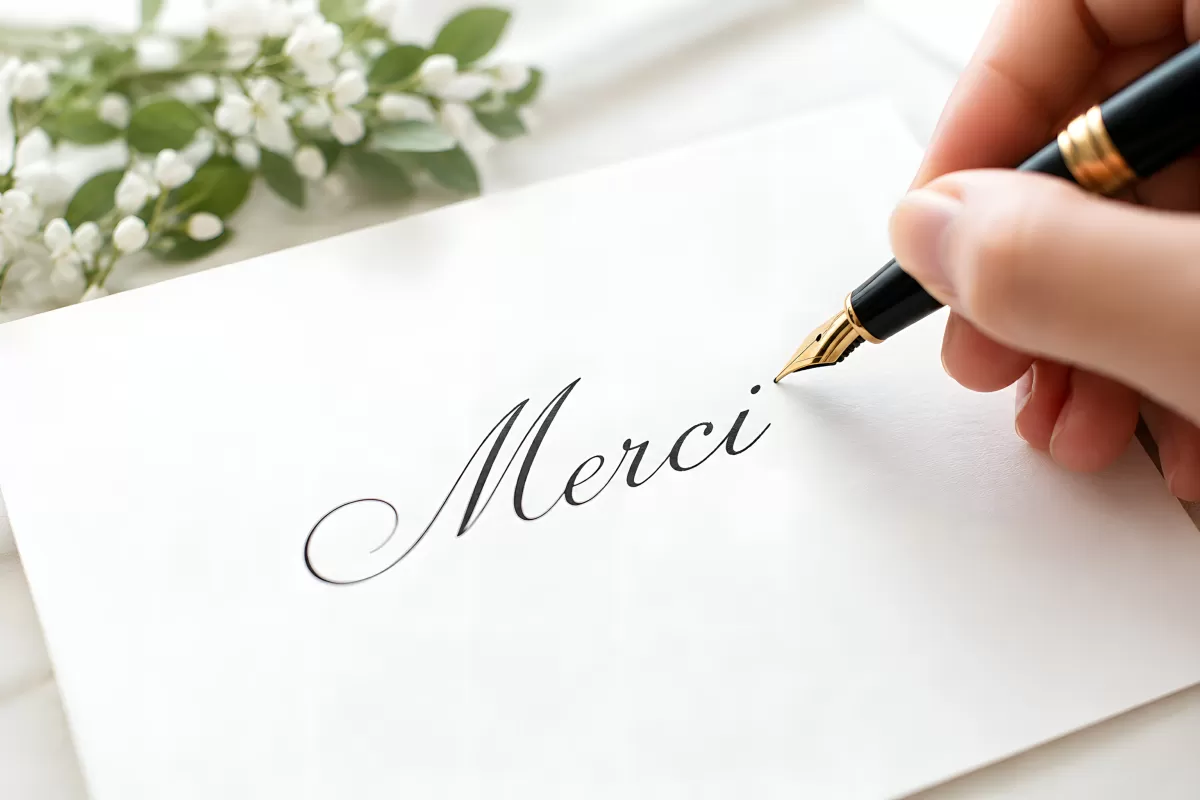 Hand schreibt Merci in Kalligrafie mit Füllfeder