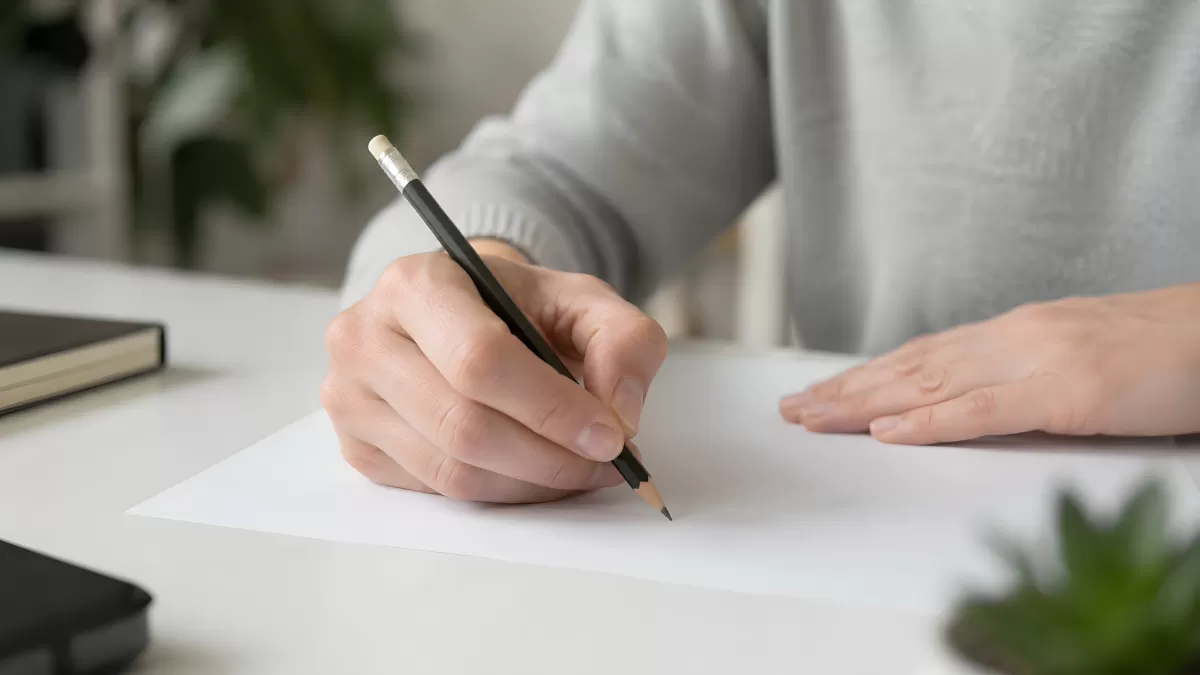 Hand schreibt mit Bleistift auf weißem Papier
