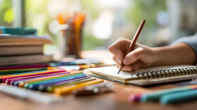 Hand schreibt mit Kugelschreiber in Notizbuch am Schreibtisch