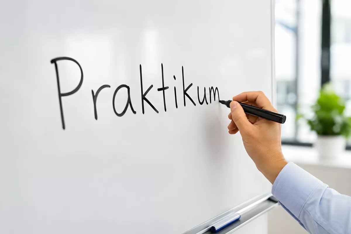 Hand schreibt Praktikum auf ein Whiteboard im Büro