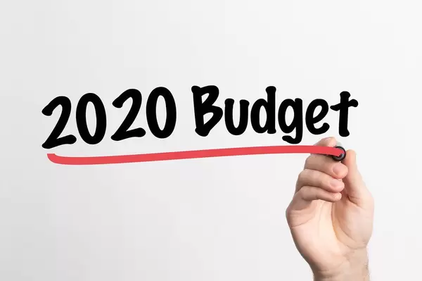 Hand schreibt "Budget für 2020" auf ein Whiteboard