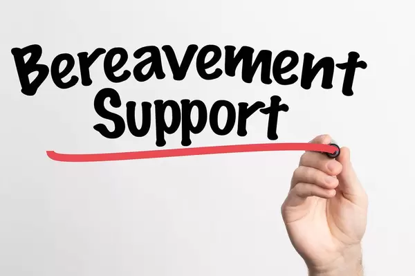 Hand schreibt "Kondolenzunterstützung / Unterstützung bei Verlusten" auf ein Whiteboard