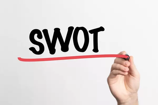 Hand schreibt "SWOT" auf ein Whiteboard