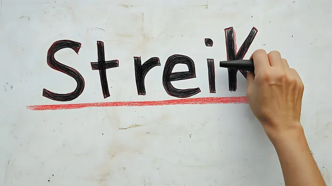 Hand schreibt 'Streik' auf Tafel mit Textmarker