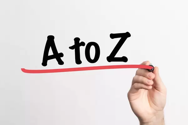 Hand schreibt von A bis Z auf ein Whiteboard