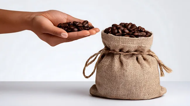 Hand schüttet Kaffeebohnen in Jutesack