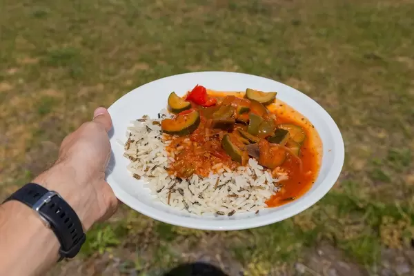 Hand shows vegan ratatouille made from zucchini, tomato and onions at the BarCamp Koblenz in the Center For Nutrition And Health