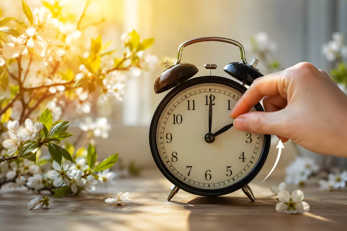 Hand stellt Wecker vor – Zeitumstellung im Frühling