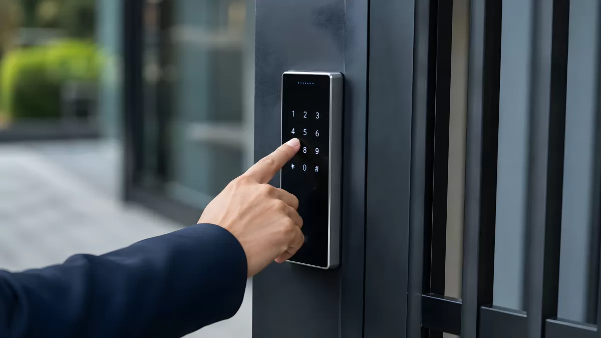 Hand tippt Code an modernem Zugangs-Tastenfeld