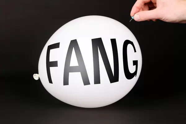 Hand uses a needle to burst a balloon with FANG text