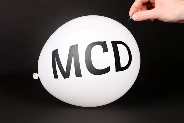 Hand uses a needle to burst a balloon with MCD text