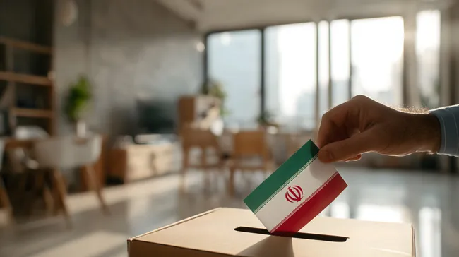 Hand wirft Wahlzettel in iranische Flagge gefüllte Urne