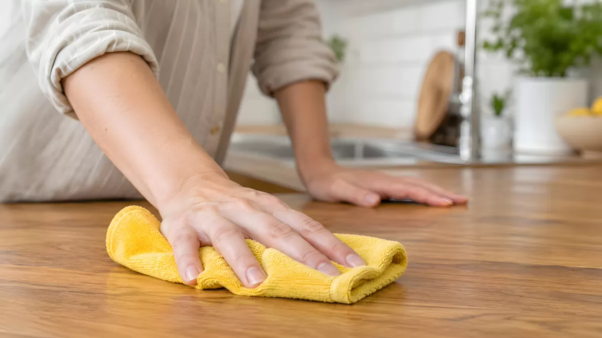 Hand wischt Holzarbeitsplatte mit gelbem Tuch ab