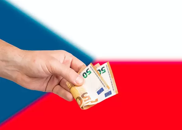 Hand with Euro banknotes over flag of Czech Republic
