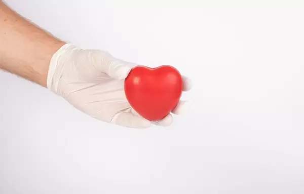 Hand with gloves holding red heart