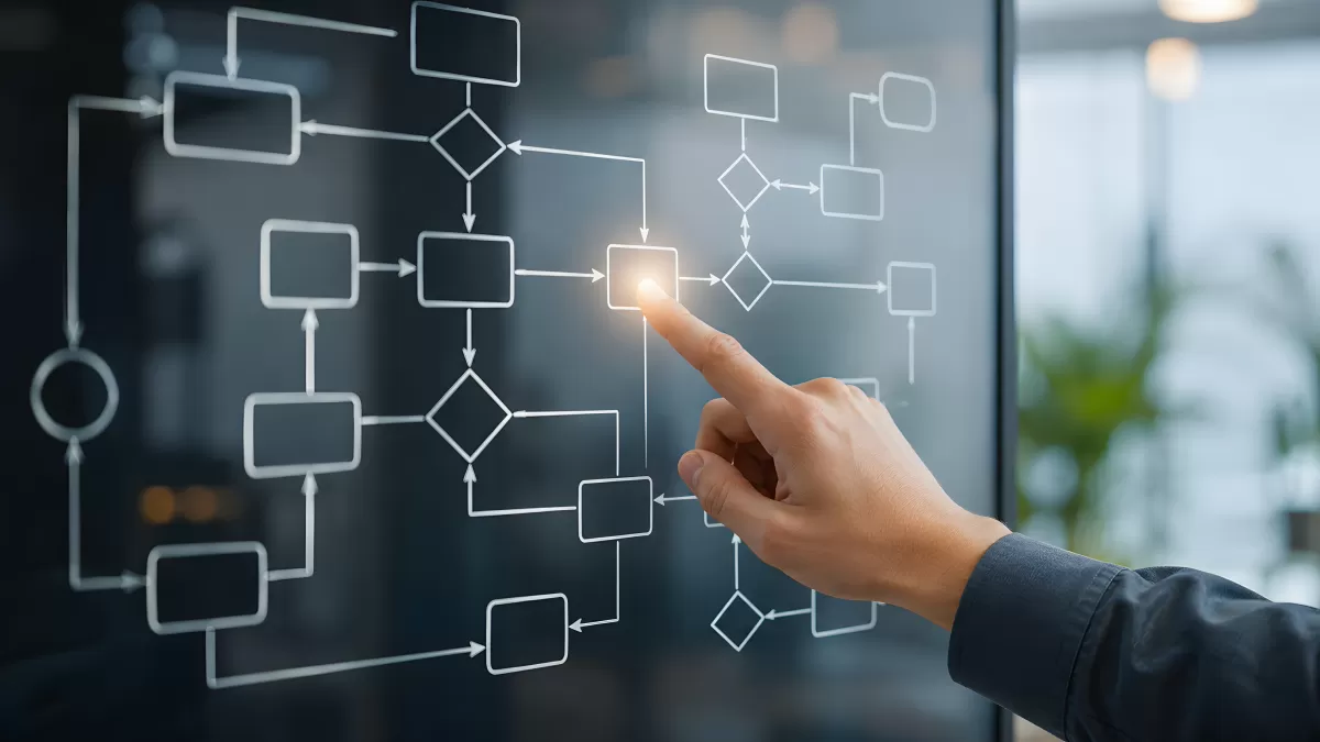 Hand zeigt auf digitales Flussdiagramm auf Glasscheibe