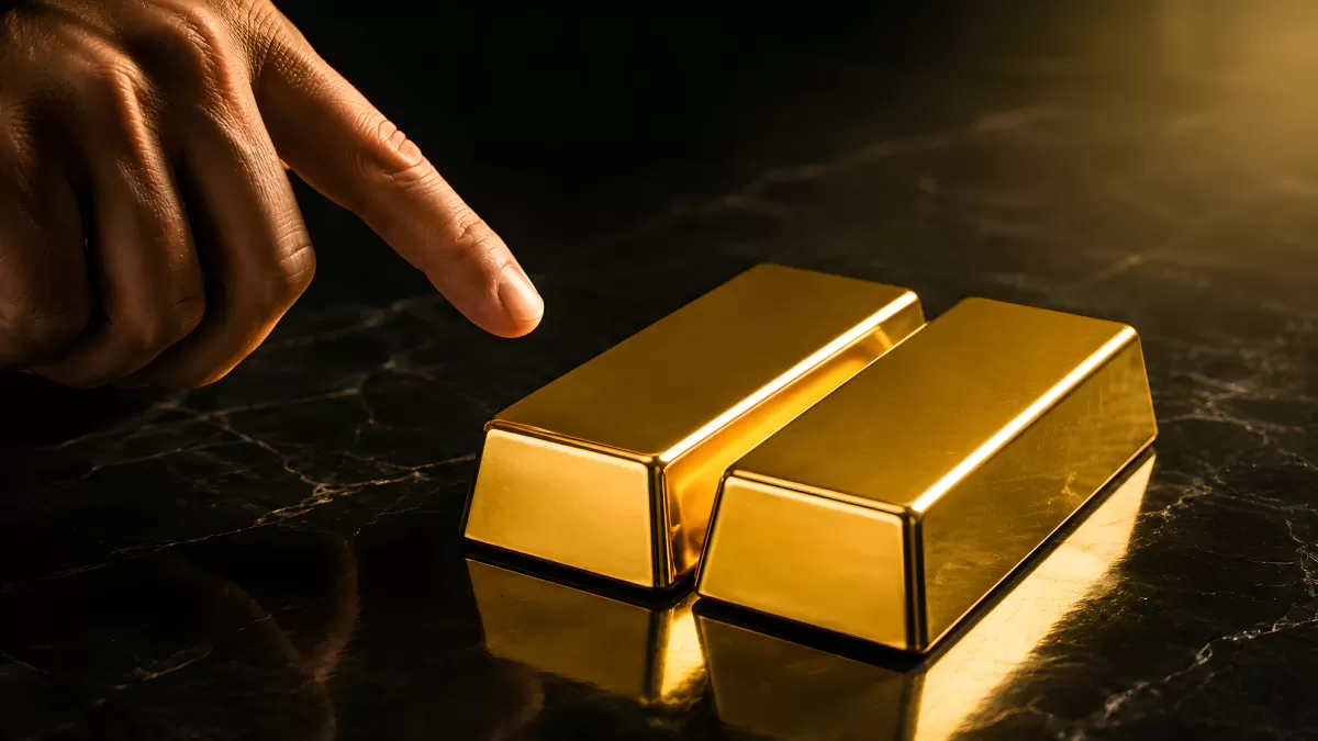 Hand zeigt auf zwei glänzende Goldbarren auf Marmor