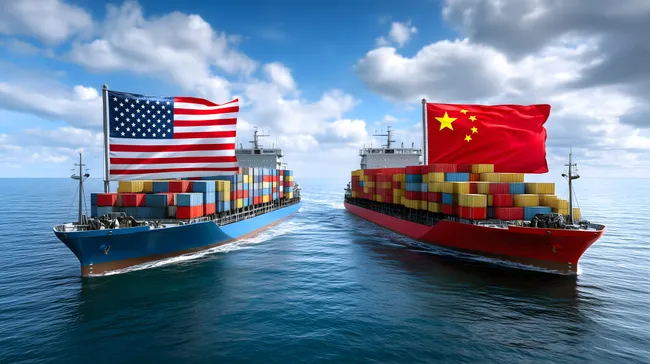 Handelskonflikte zwischen USA und China - Containerschiffe mit Nationalflaggen