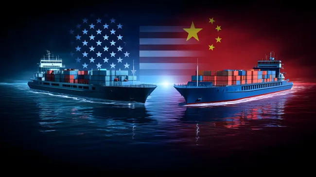 Handelskrieg zwischen USA und China auf See bei Nacht