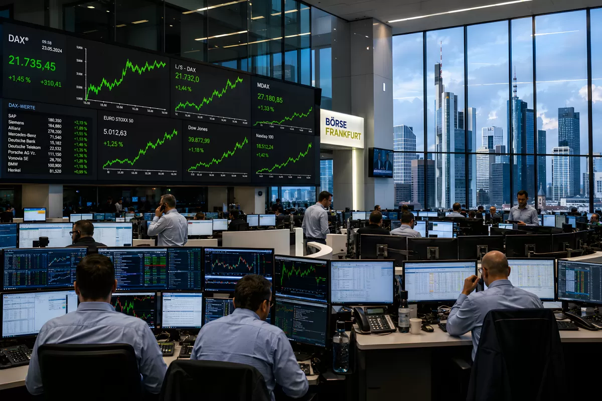 Handelssaal der Börse Frankfurt mit DAX-Anzeige
