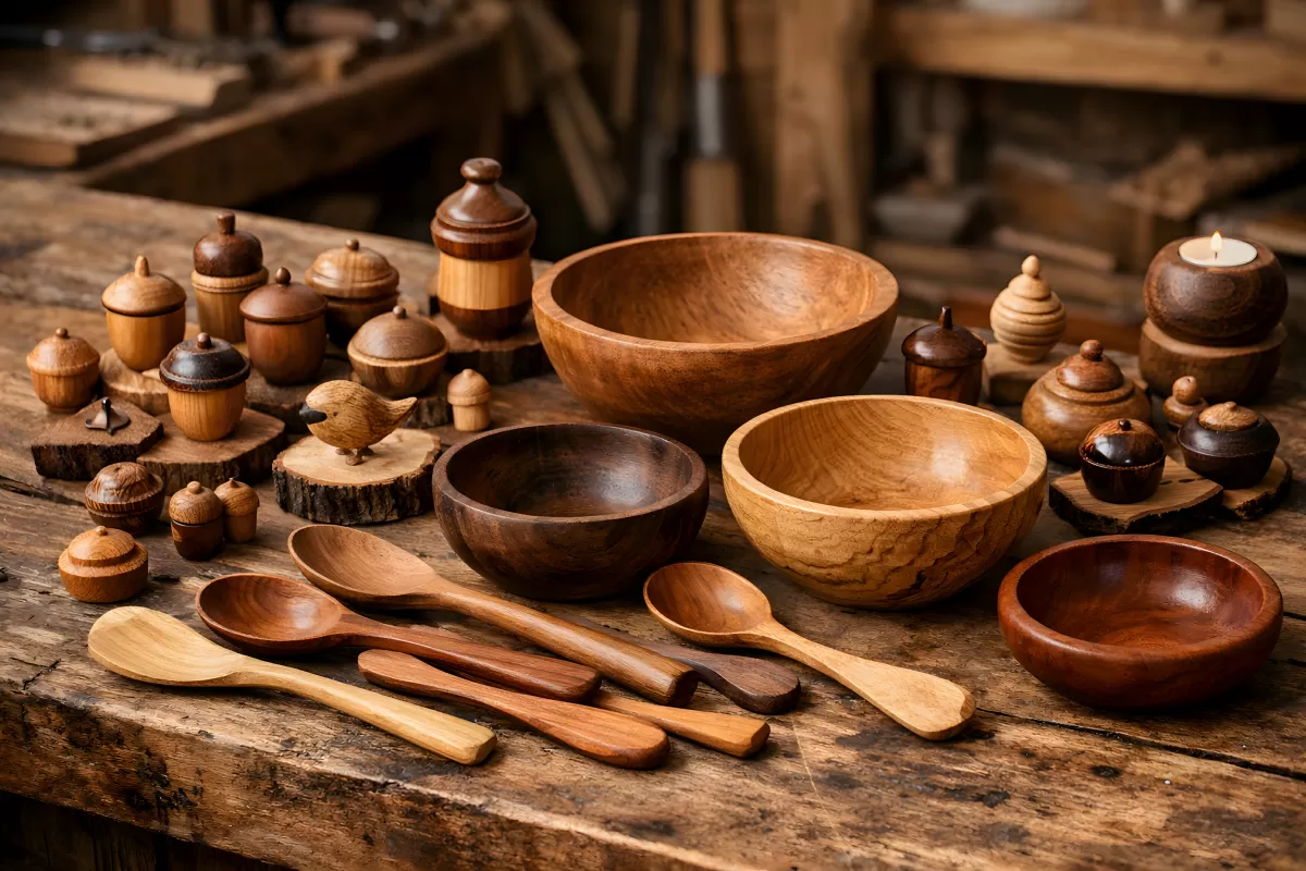 Handgefertigte Holzschalen und Löffel in Holzwerkstatt